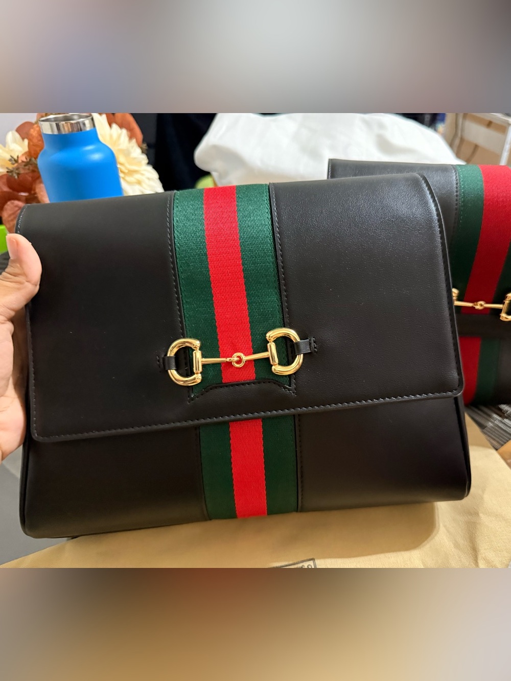 Classic Black Shoulder Bag with Red and Green Web Stripe